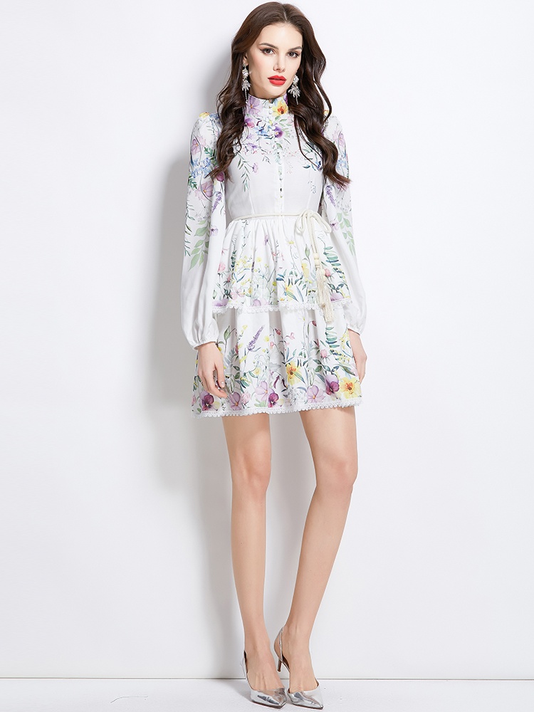 Colors long sleeve floral cake cstand collar dress