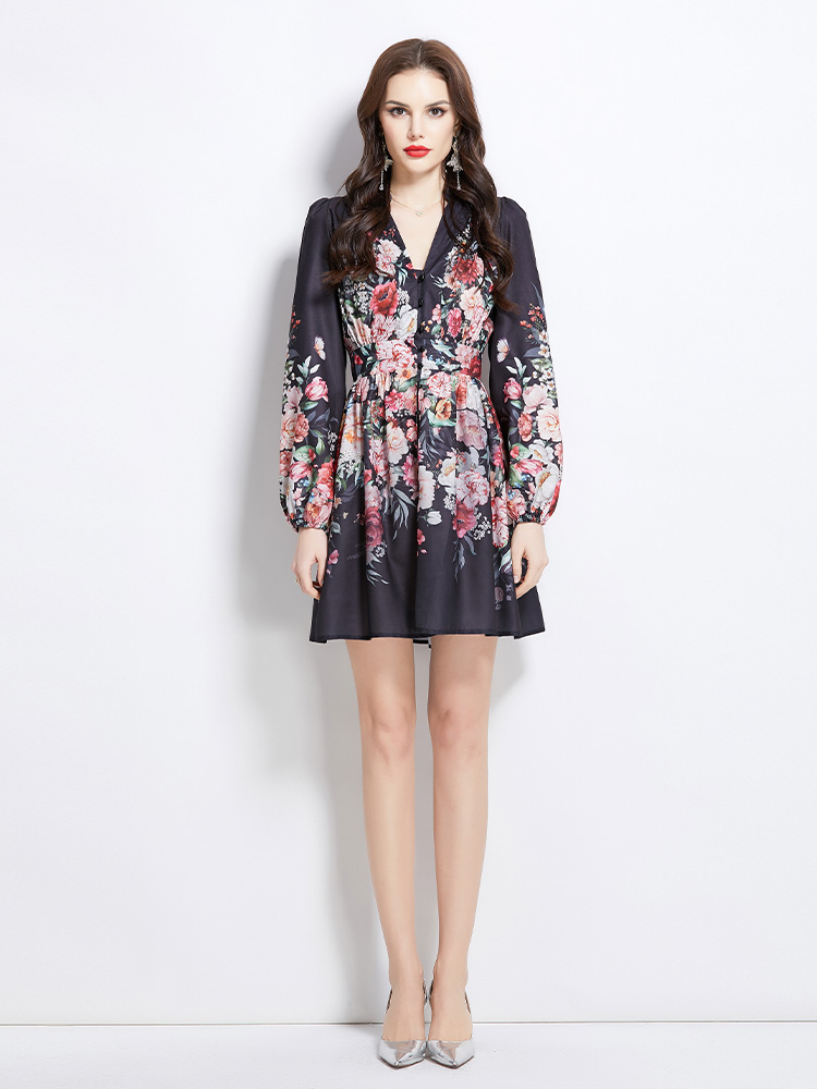 Spring short retro canvas printing dress