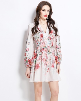 Short retro canvas printing spring dress