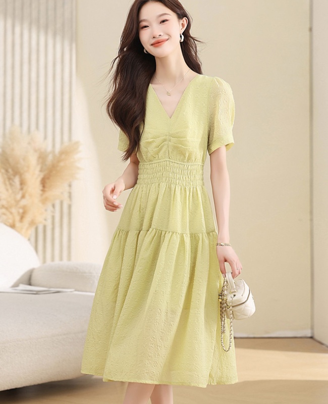 Green Casual temperament tender lady V-neck dress for women