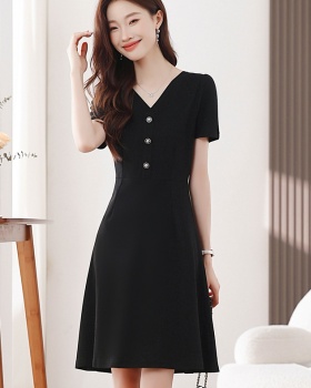 Hepburn style all-match slim V-neck puff sleeve dress