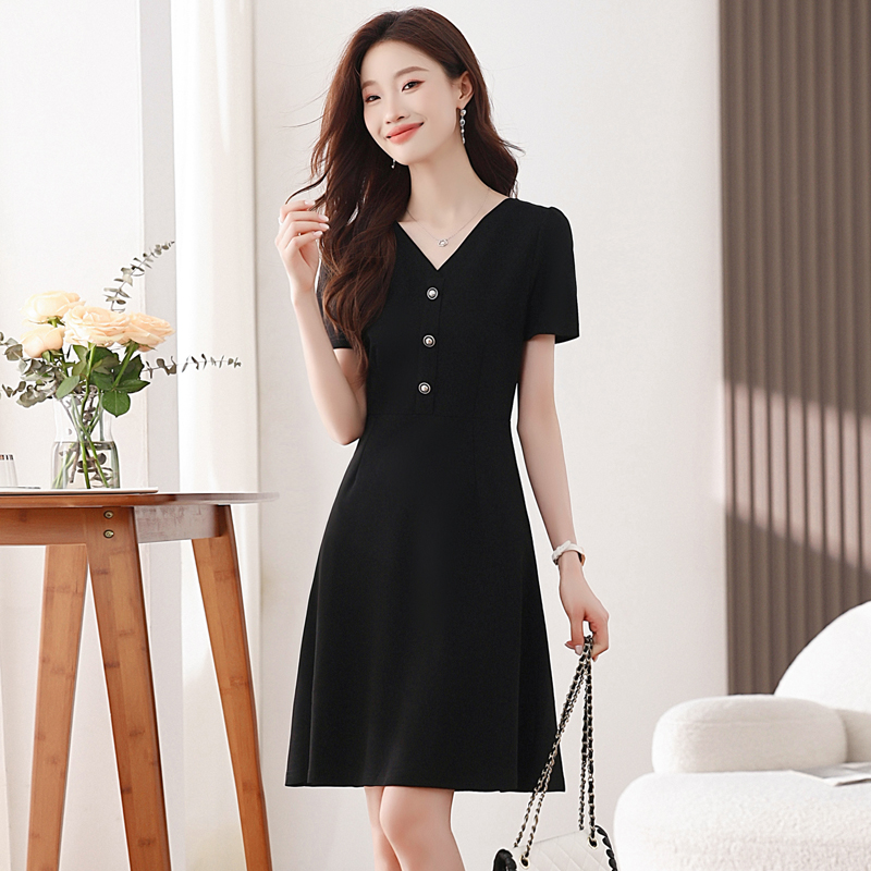 Hepburn style all-match slim V-neck puff sleeve dress