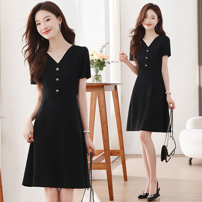 Hepburn style all-match slim V-neck puff sleeve dress