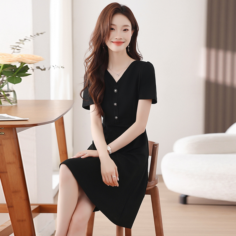 Hepburn style all-match slim V-neck puff sleeve dress