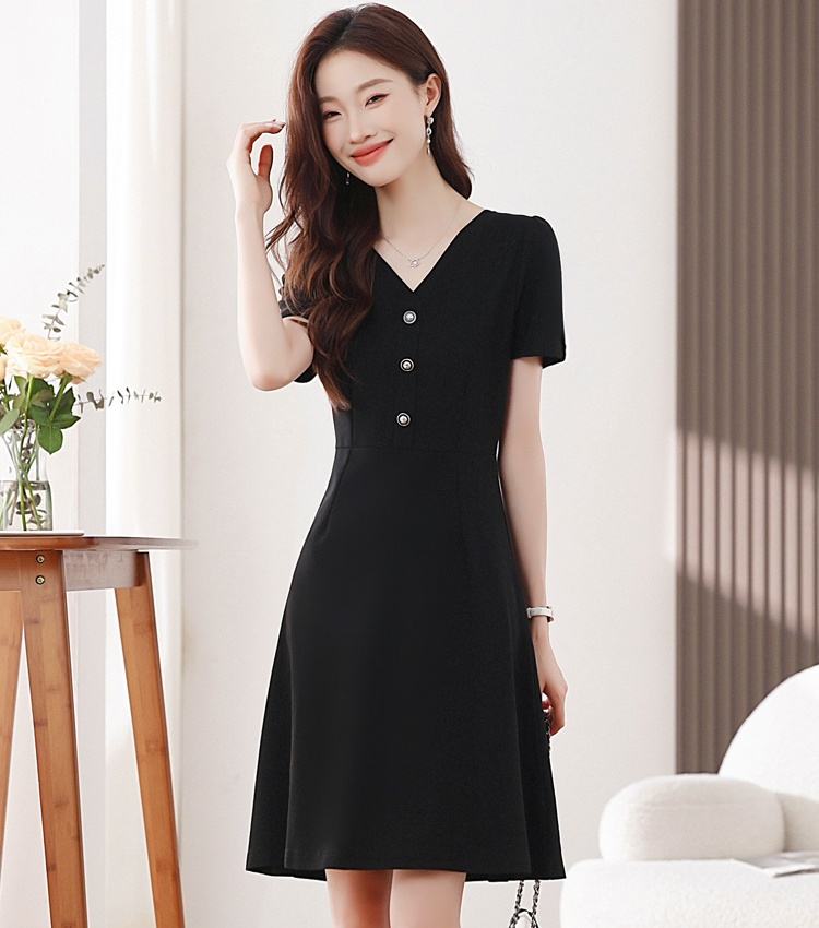 Hepburn style all-match slim V-neck puff sleeve dress