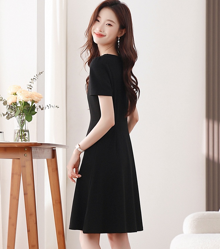 Hepburn style all-match slim V-neck puff sleeve dress