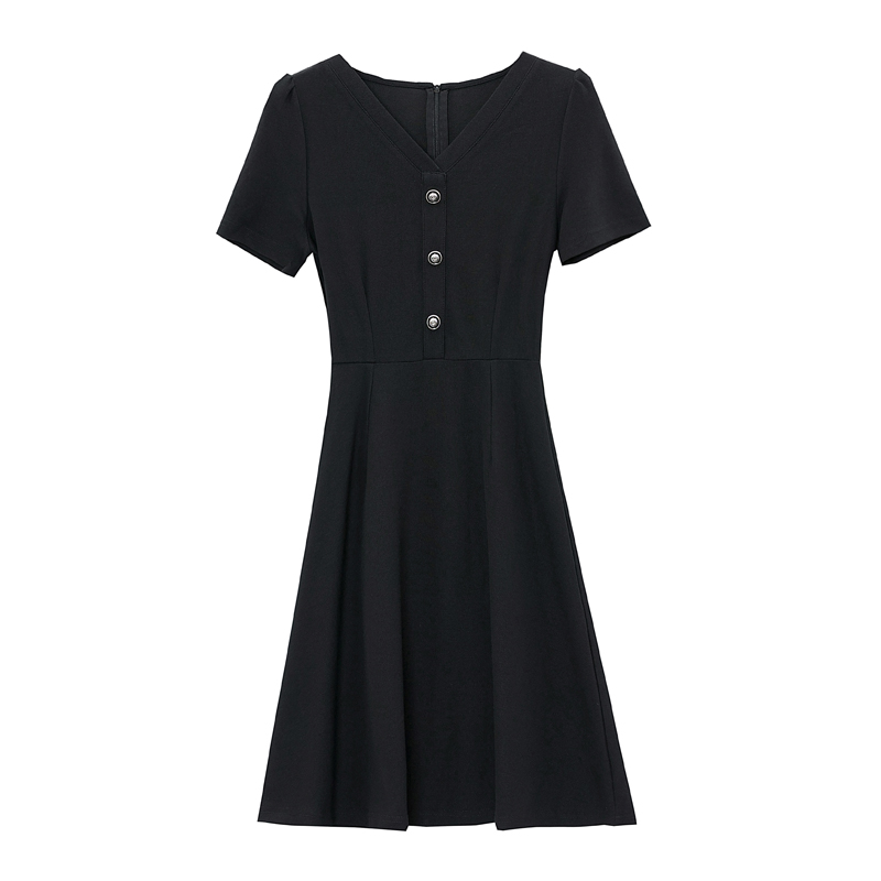 Hepburn style all-match slim V-neck puff sleeve dress