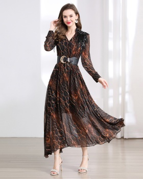 Western style beading pinched waist slim spring dress