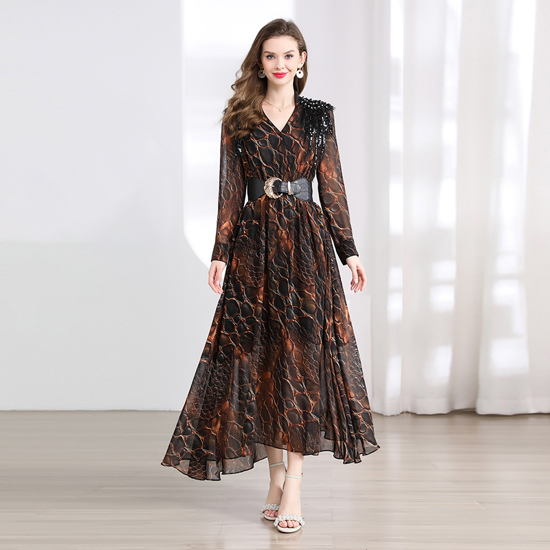 Western style beading pinched waist slim spring dress