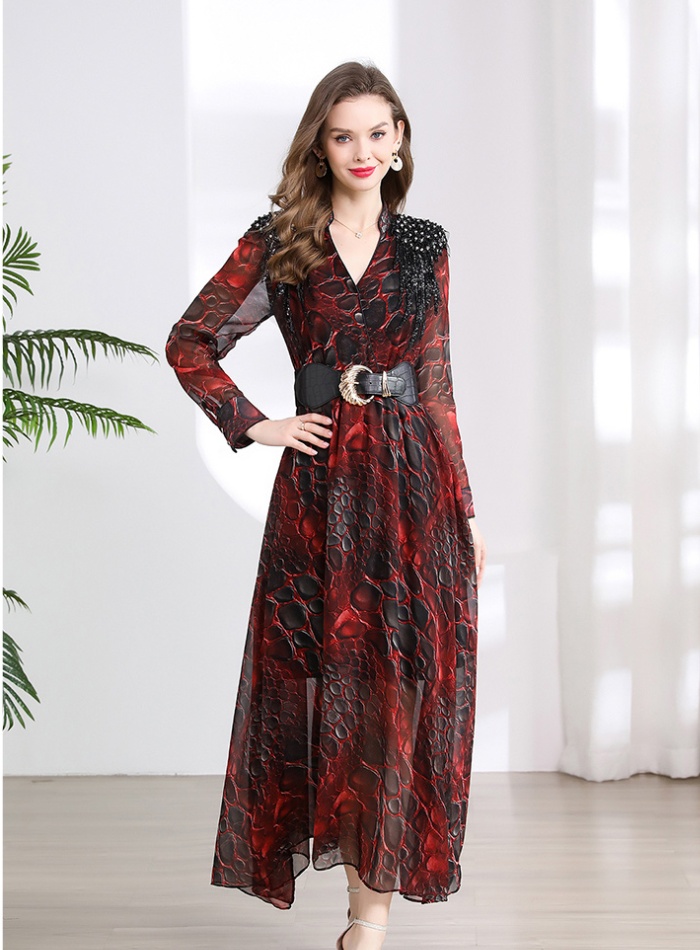 Western style beading pinched waist slim spring dress