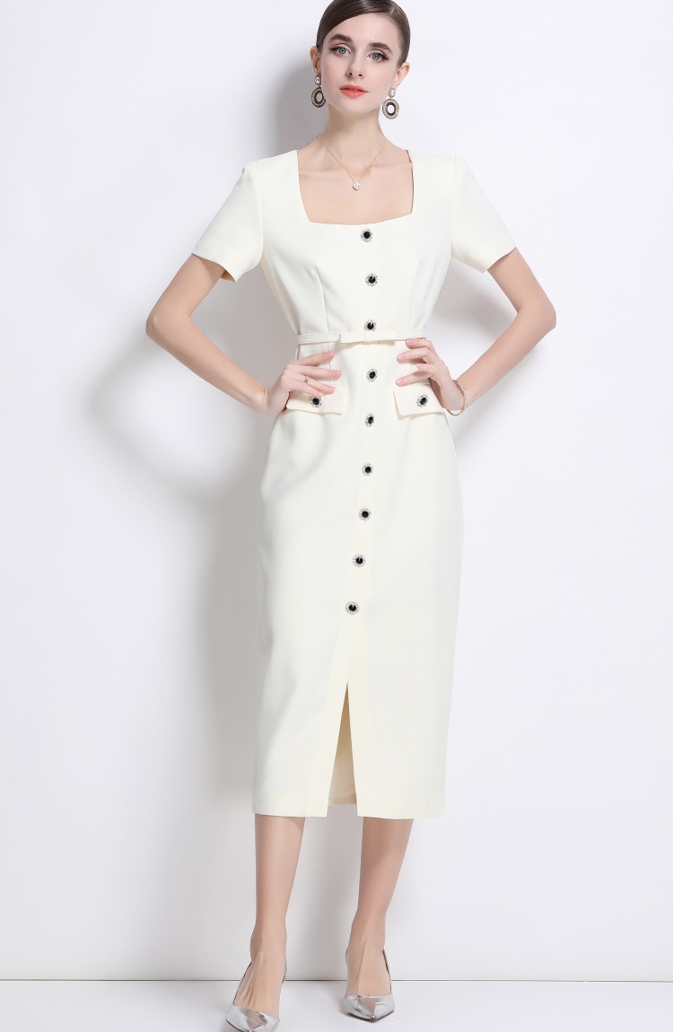 Short sleeve France style square collar with belt dress