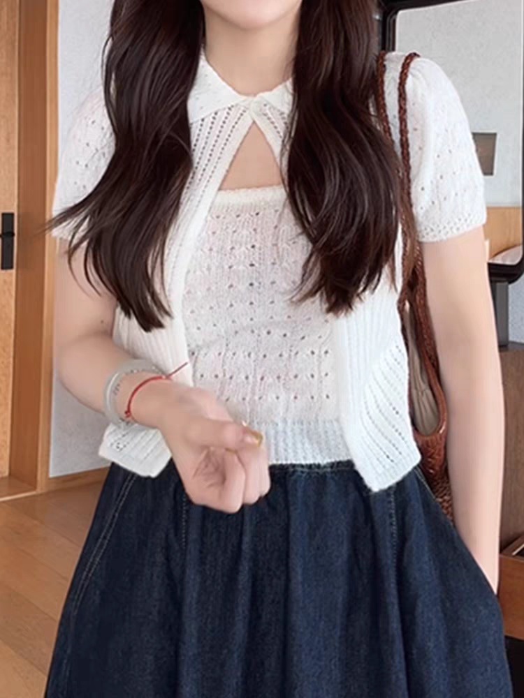 Cozy summer knitted simple sling hollow sweet cardigan 2pcs set