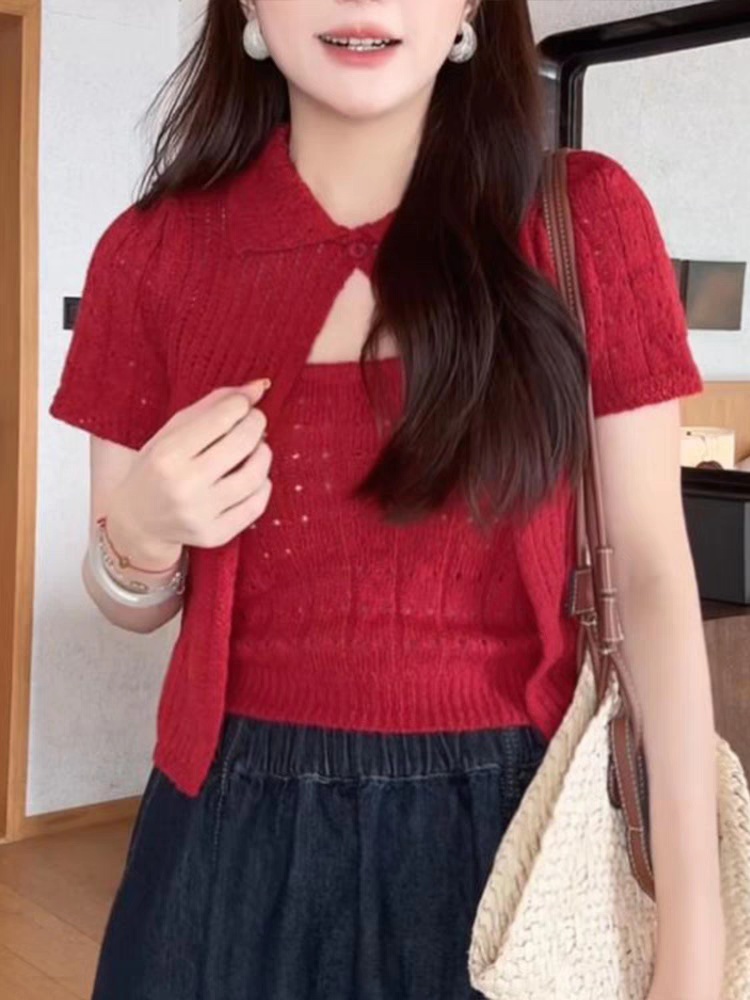 Cozy summer knitted simple sling hollow sweet cardigan 2pcs set