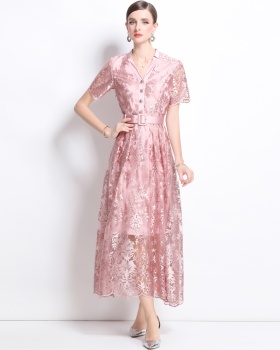 With belt pocket embroidered dress gauze V-neck long dress