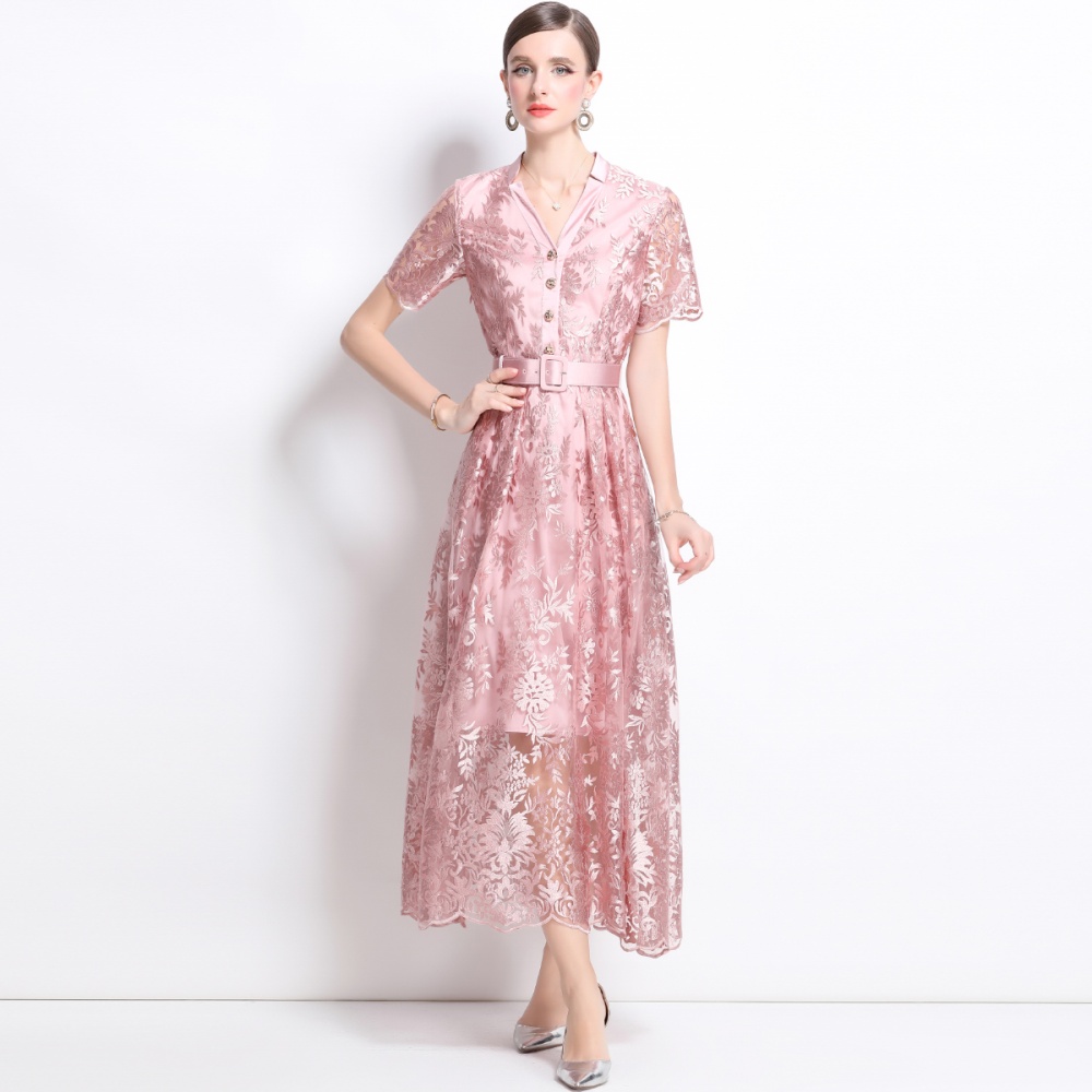 With belt pocket embroidered dress gauze V-neck long dress