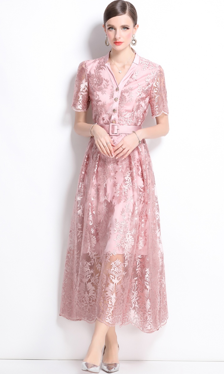 With belt pocket embroidered dress gauze V-neck long dress