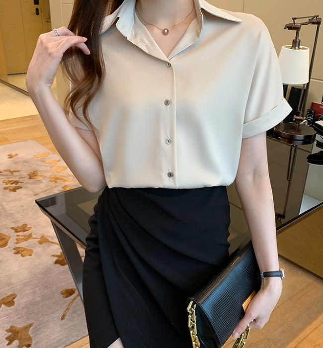 Retro commuting short sleeve tops summer satin shirt