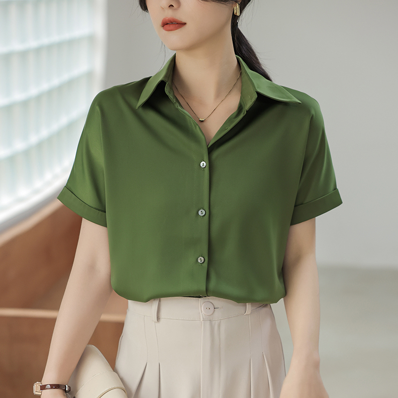 Retro commuting short sleeve tops summer satin shirt