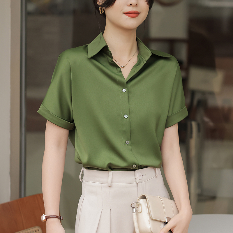 Retro commuting short sleeve tops summer satin shirt