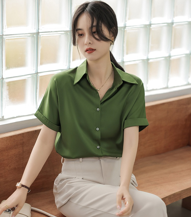 Retro commuting short sleeve tops summer satin shirt