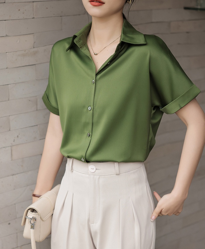 Retro commuting short sleeve tops summer satin shirt