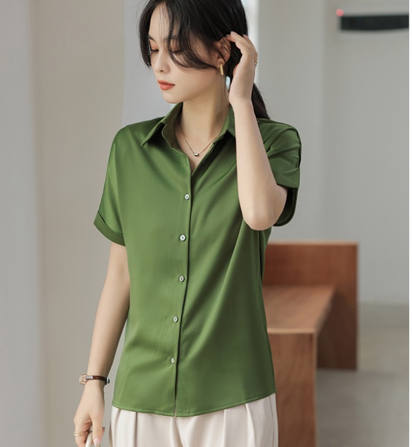 Retro commuting short sleeve tops summer satin shirt