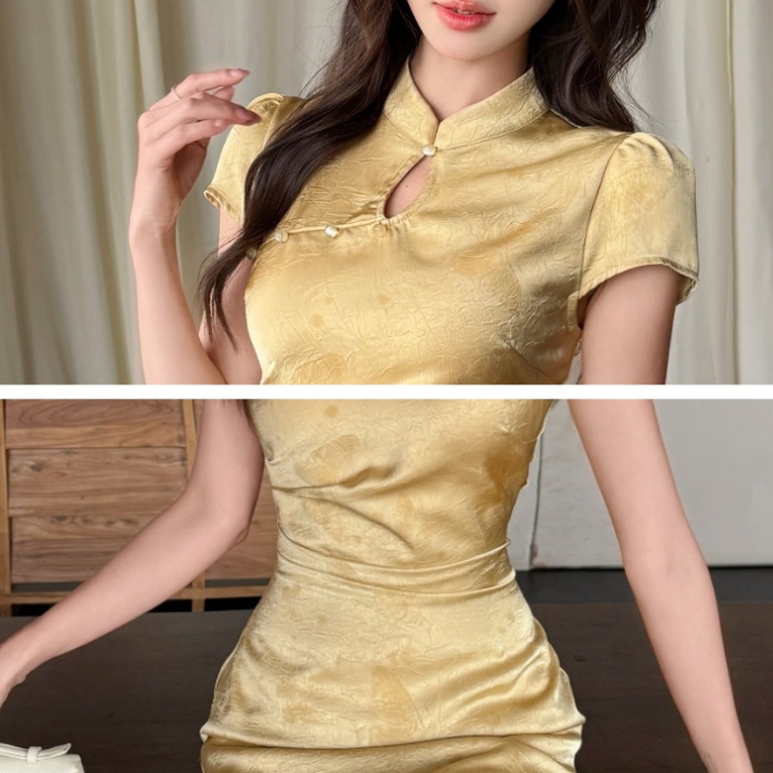 Satin summer dress butterfly printing cheongsam for women