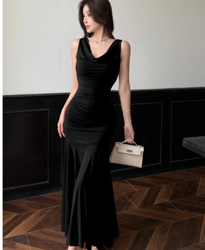 Splice drape gauze strap dress fold summer long dress