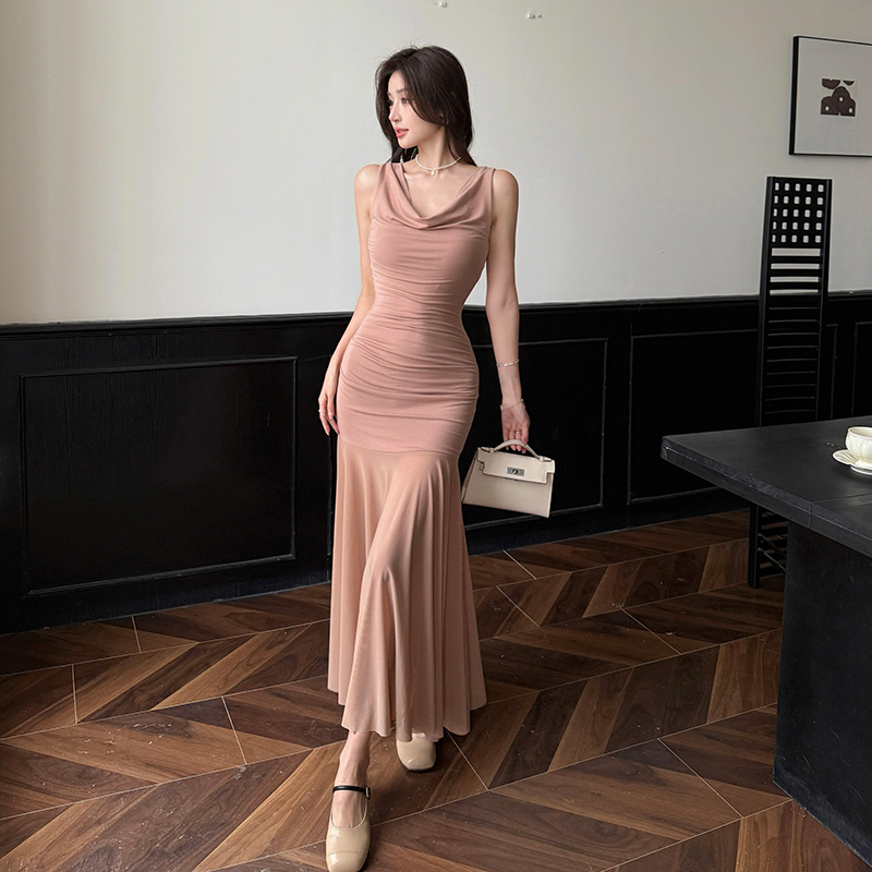 Splice drape gauze strap dress fold summer long dress