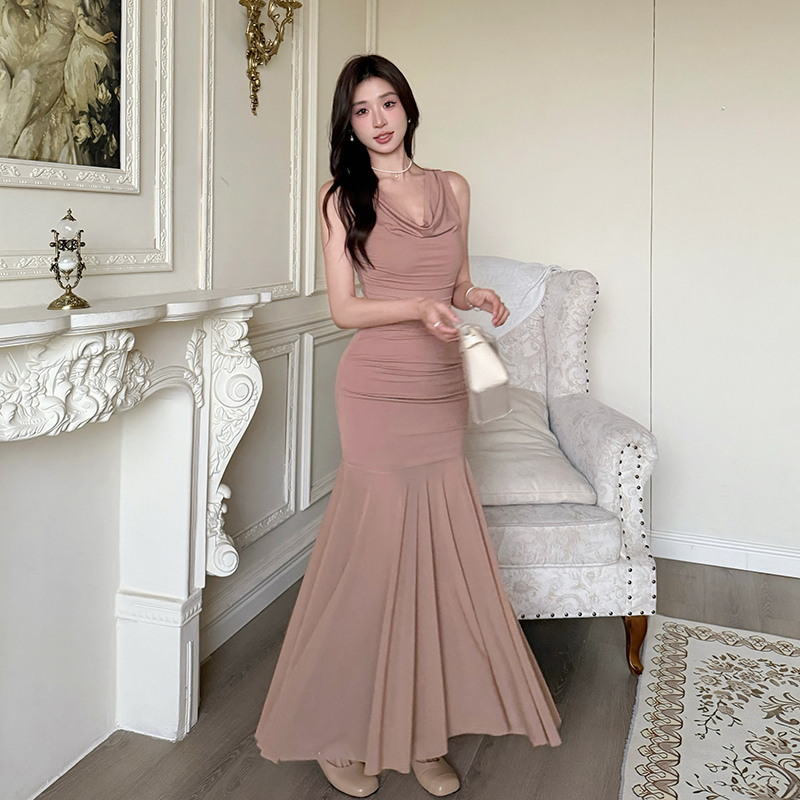 Splice drape gauze strap dress fold summer long dress