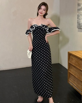 Summer polka dot square collar hollow slim dress for women