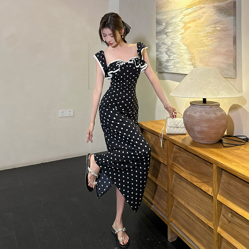 Summer polka dot square collar hollow slim dress for women