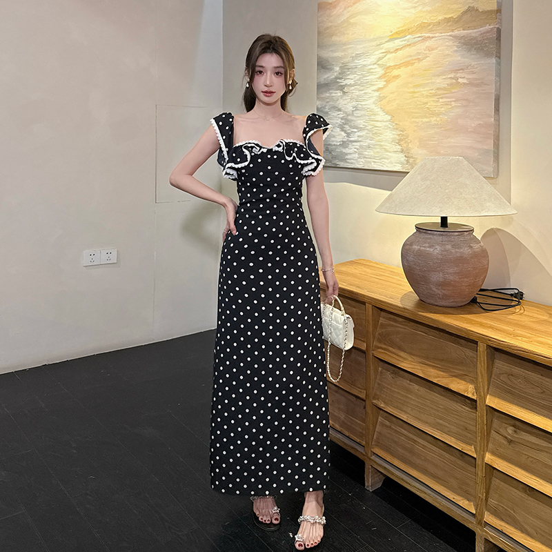 Summer polka dot square collar hollow slim dress for women