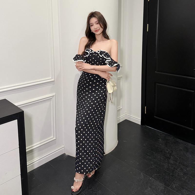 Summer polka dot square collar hollow slim dress for women