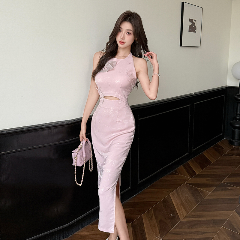 Pseudo-two Chinese style cosmetics halter jacquard dress