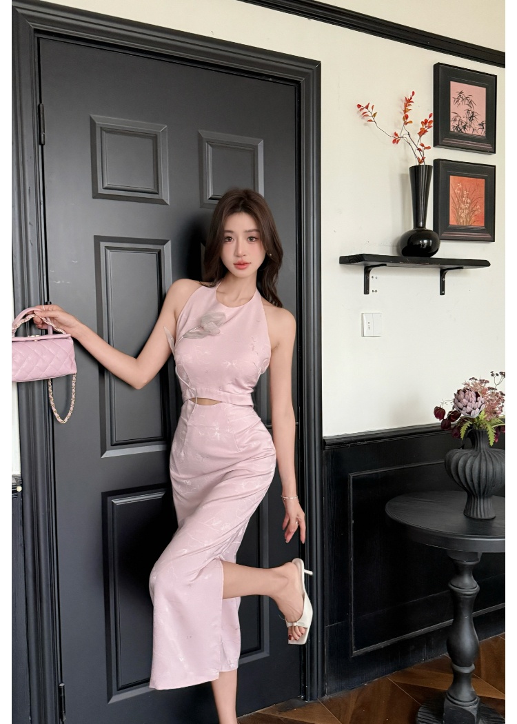 Pseudo-two Chinese style cosmetics halter jacquard dress