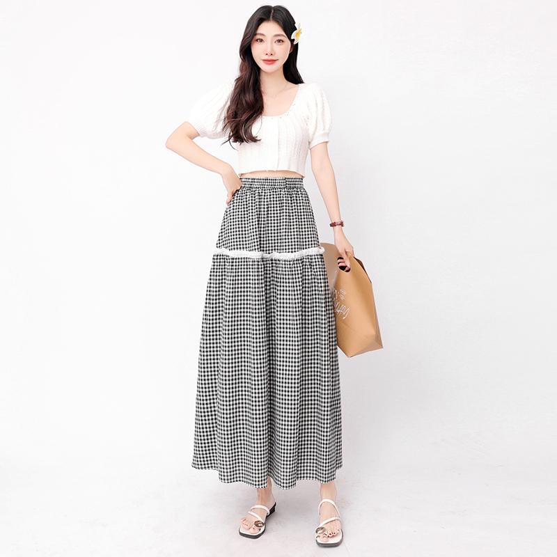 Splice slim A-line spring and summer plaid lace skirt for women