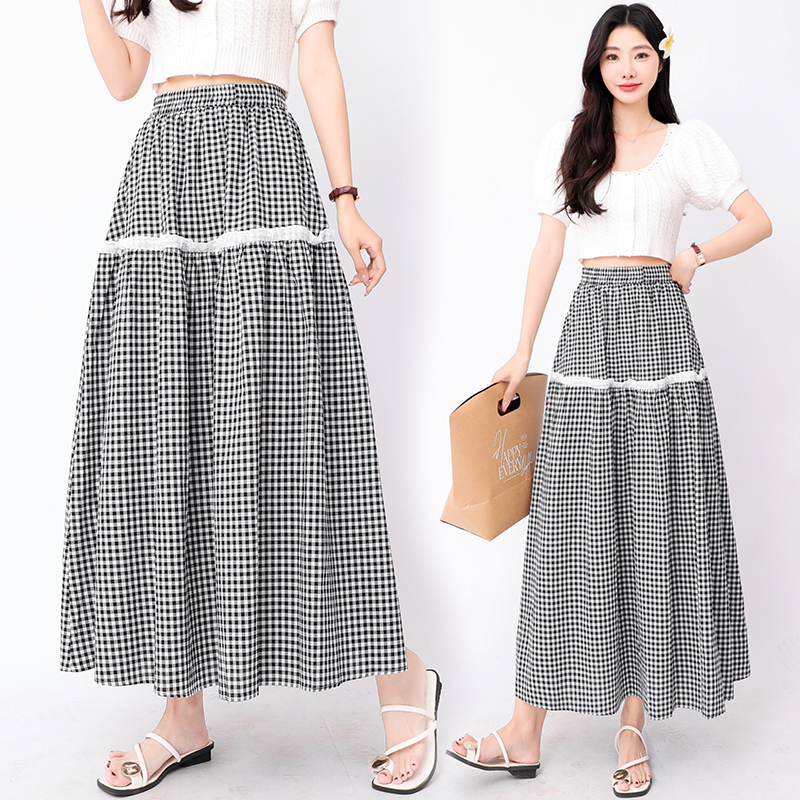 Splice slim A-line spring and summer plaid lace skirt for women