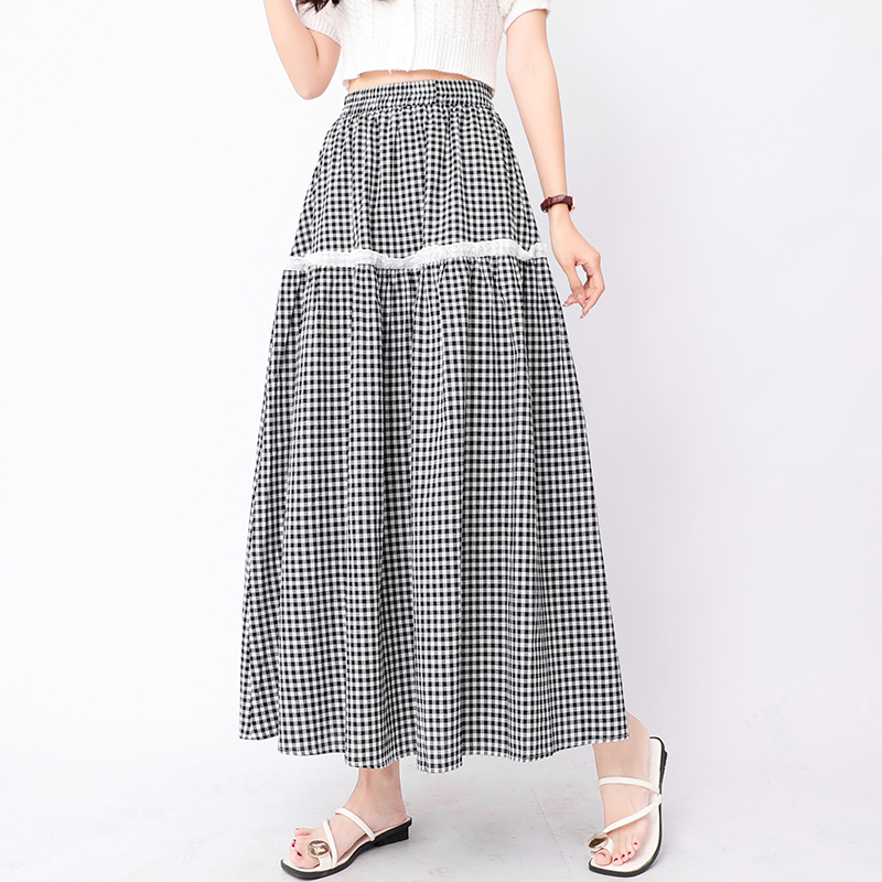 Splice slim A-line spring and summer plaid lace skirt for women