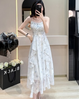 Slim show young strap dress jacquard printing dress