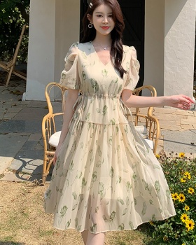 Temperament printing chiffon vacation dress for women