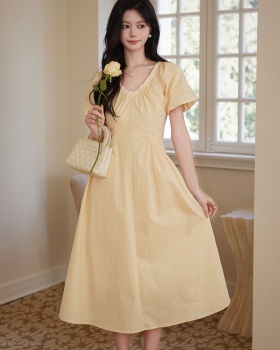 Temperament yellow puff sleeve slim unique dress