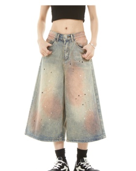 Summer seven tenths wide leg street denim short jeans