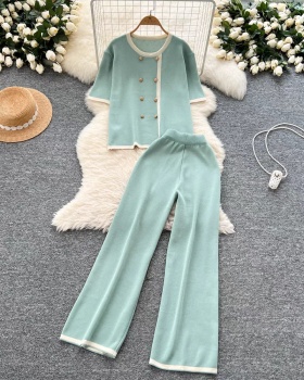 Retro tops round neck long pants 2pcs set