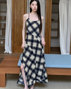 Plaid temperament sling long dress sweet irregular slim dress