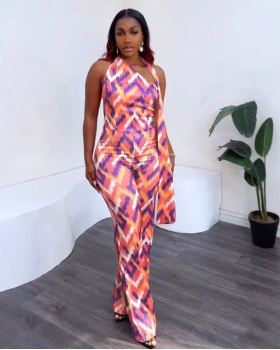 Elasticity slim printing wide leg elegant jumpsuit