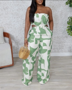 Printing wide leg wrapped chest elegant jumpsuit