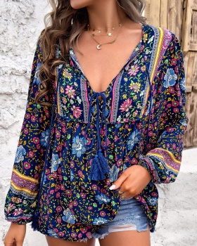 Printing loose shirt mixed colors V-neck tops for women