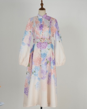 Long lantern sleeve printing dress