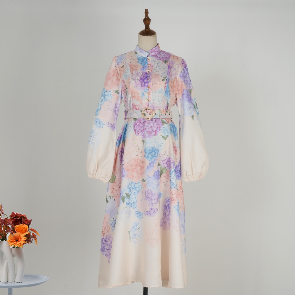 Long lantern sleeve printing dress